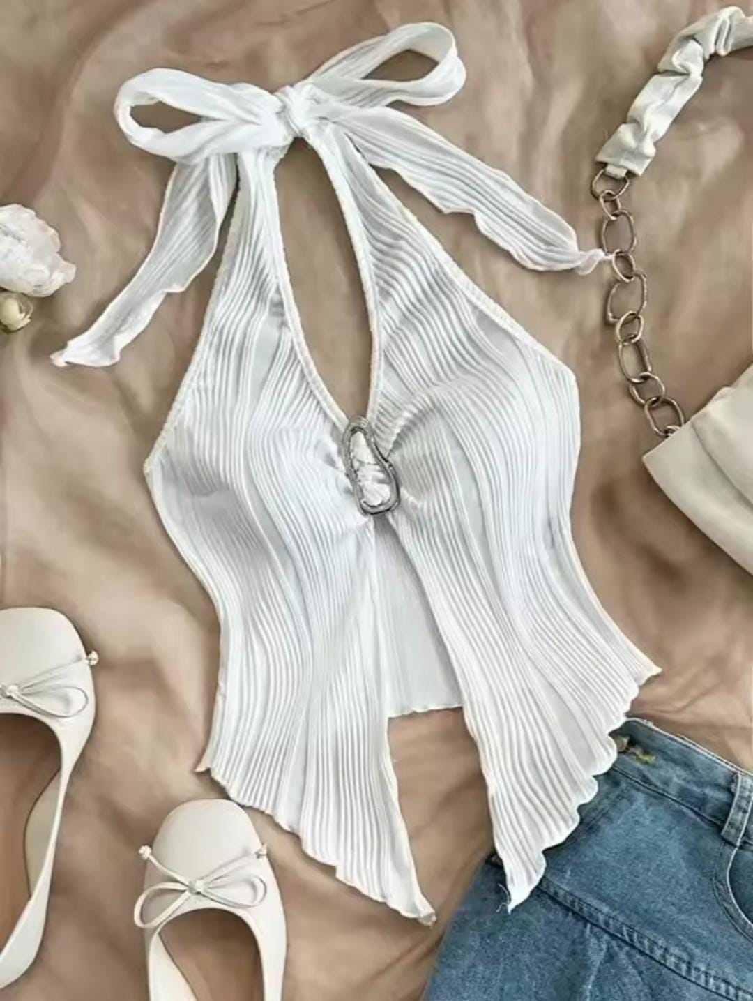 Top corto Sexy en cuello V ,top sin mangas con abertura y espalda descubierta para mujer