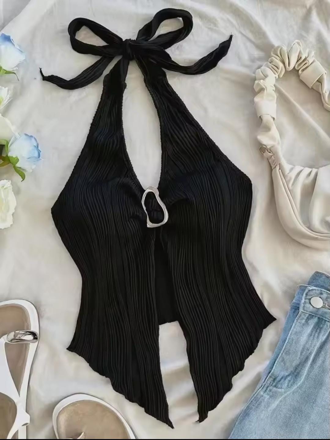 Top corto Sexy en cuello V ,top sin mangas con abertura y espalda descubierta para mujer