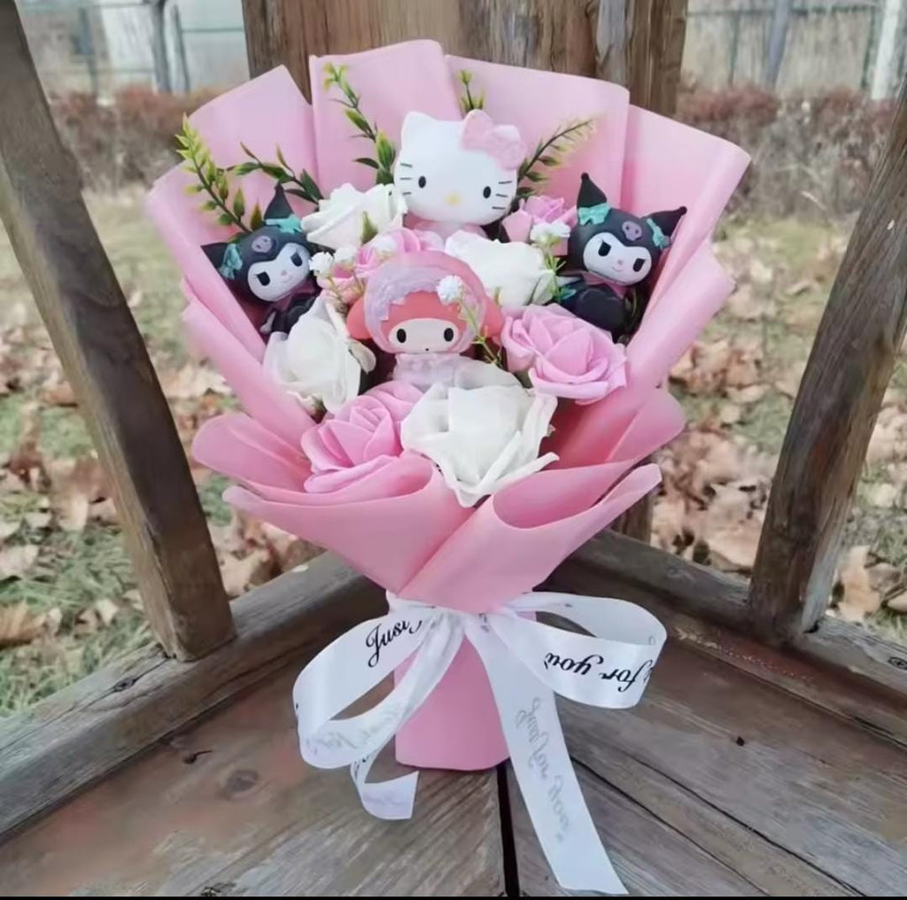 Ramo de flores de peluche de dibujos animados, Hello Kitty, Kuromi.